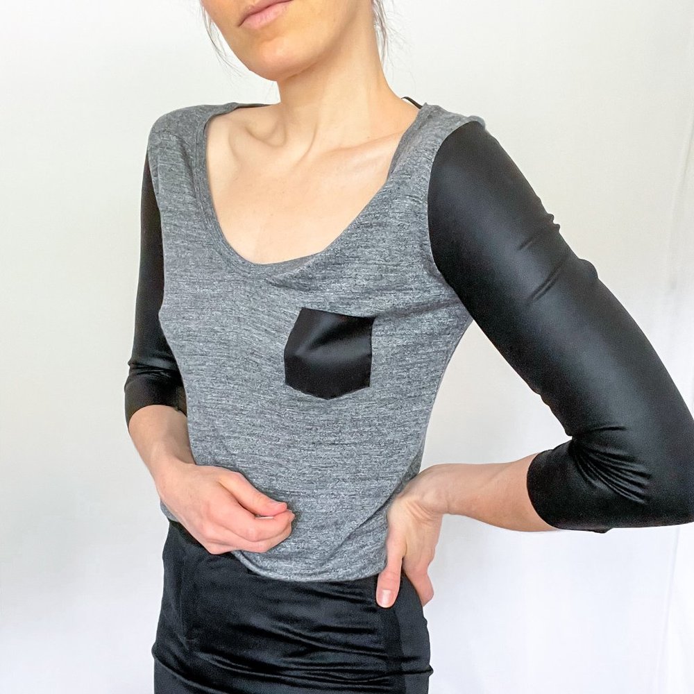 Zara 3/4 Sleeve V-neck Faux Leather Sleeve Two-Tone Top